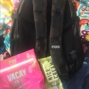 VS PINK Backpack, Beauty bag, and bath bomb
